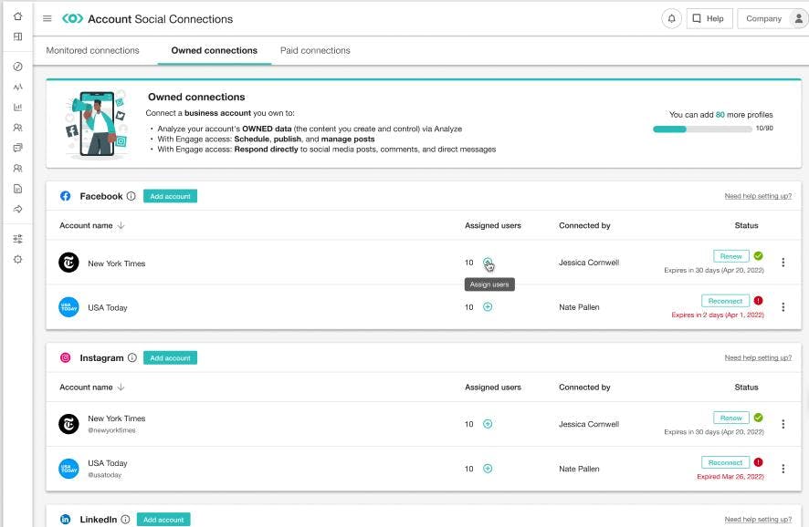 Meltwater Engage Owned Social Connections page