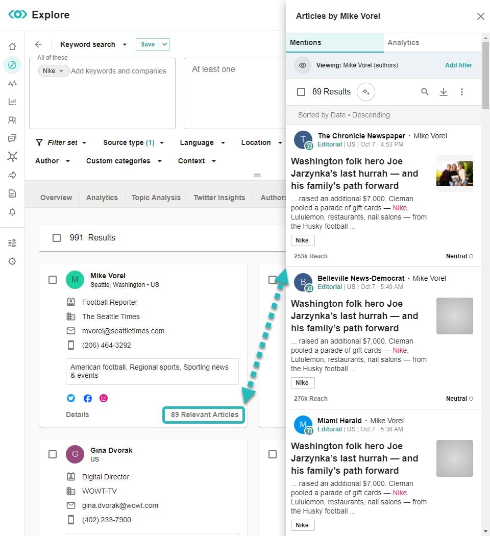 Explore: Drill into a Journalist's Relevant Articles via the Media Contacts Tab