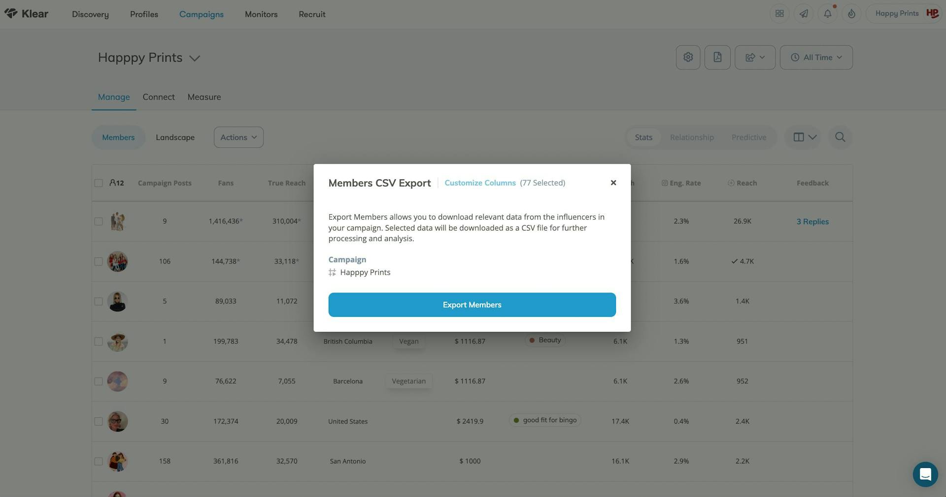 Klear custom member exports